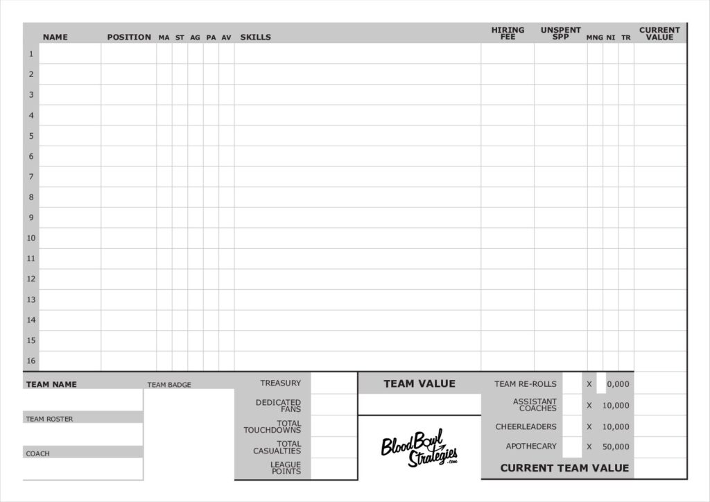 Blood Bowl Season 2 Printable Roster Sheet